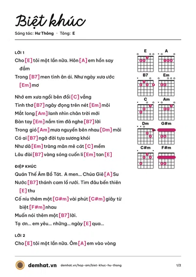 Hợp âm Biệt khúc (Nguyên Vũ) – bản nhạc PDF trang 1, tông E