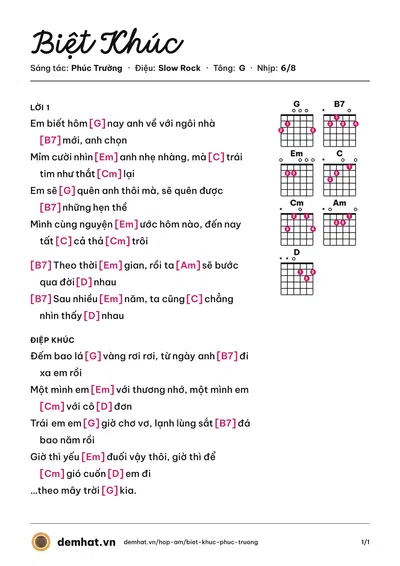Hợp âm Biệt Khúc (Hiền Thục) – bản nhạc PDF trang 1, tông G