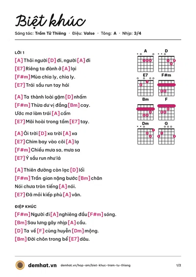 Hợp âm Biệt khúc (Trầm Tử Thiêng) – bản nhạc PDF trang 1, tông A