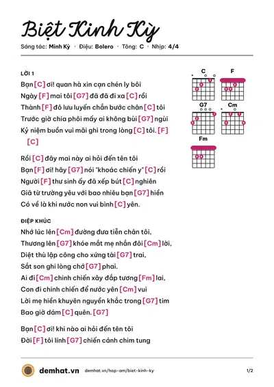 Hợp âm Biệt Kinh Kỳ (Quang Lê) – bản nhạc PDF trang 1, tông C