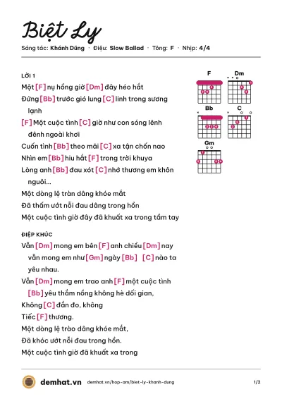 Hợp âm Biệt Ly (Lam Trường) – bản nhạc PDF trang 1, tông F