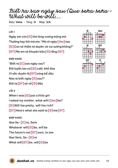 Hợp âm Biết ra sao ngày sau (Que sera sera – What will be will be) (Doris Day) – bản nhạc PDF trang 1, tông G
