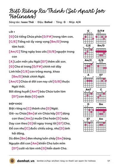 Hợp âm Biệt Riêng Ra Thánh (Set Apart for Holiness) (Isaac Thái) – bản nhạc PDF trang 1, tông G