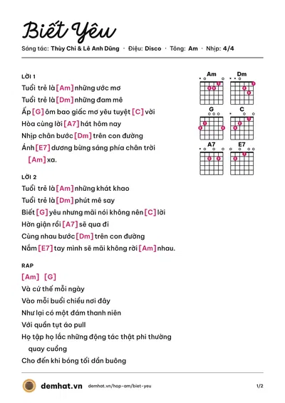 Hợp âm Biết Yêu (Thùy Chi) – bản nhạc PDF trang 1, tông Am