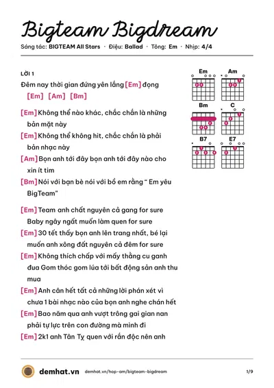 Hợp âm Bigteam Bigdream (BIGTEAM All Stars) – bản nhạc PDF trang 1, tông Em