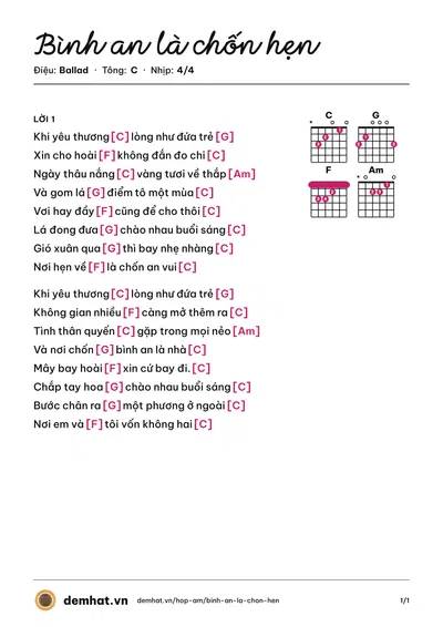 Hợp âm Bình an là chốn hẹn (Minh Hằng) – bản nhạc PDF trang 1, tông C