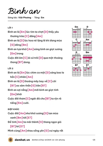 Hợp âm Bình an (Nguyễn Quang) – bản nhạc PDF trang 1, tông Em