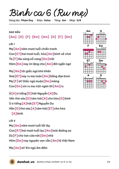 Hợp âm Bình ca 6 (Ru mẹ) (Phạm Duy) – bản nhạc PDF trang 1, tông Am