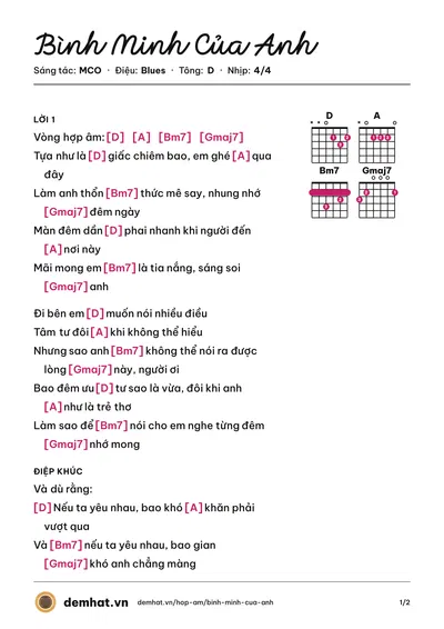 Hợp âm Bình Minh Của Anh (Drum7) – bản nhạc PDF trang 1, tông D