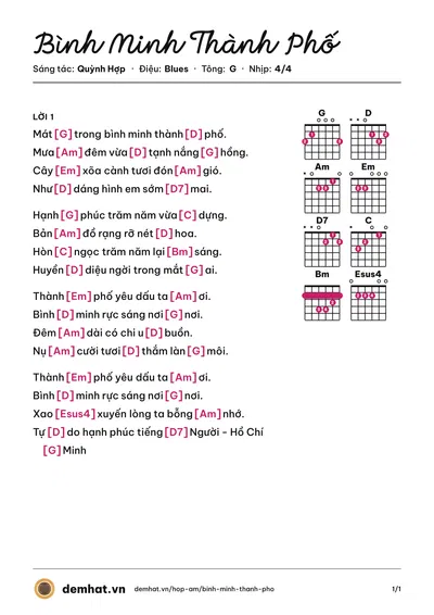 Hợp âm Bình Minh Thành Phố (GMC Band) – bản nhạc PDF trang 1, tông G