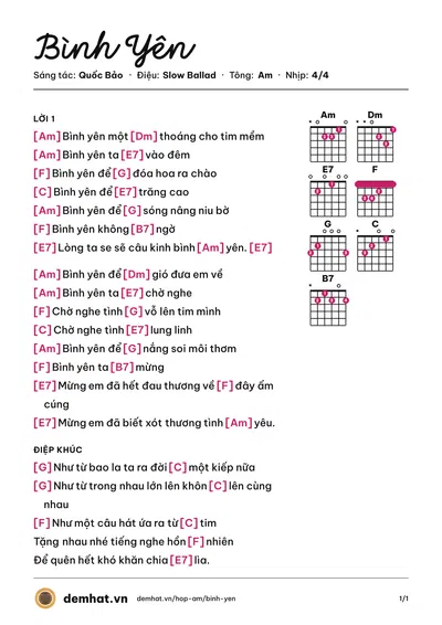 Hợp âm Bình Yên (Trần Thu Hà) – bản nhạc PDF trang 1, tông Am