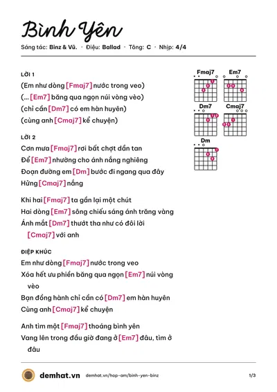 Hợp âm Bình Yên (Vũ.) – bản nhạc PDF trang 1, tông C