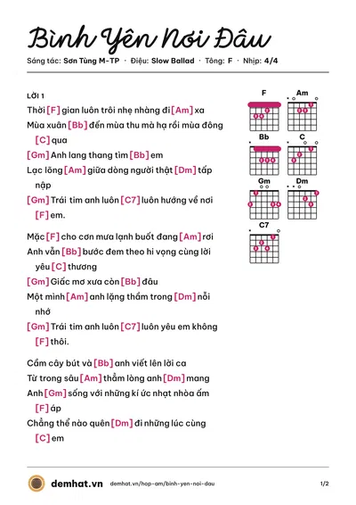 Hợp âm Bình Yên Nơi Đâu (Sơn Tùng M-TP) – bản nhạc PDF trang 1, tông F