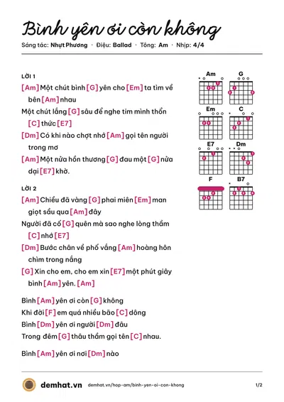 Hợp âm Bình yên ơi còn không (Mộc san) – bản nhạc PDF trang 1, tông Am