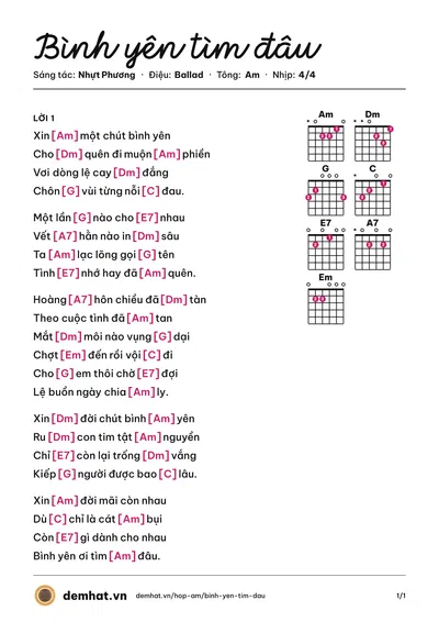 Hợp âm Bình yên tìm đâu (Mộc san) – bản nhạc PDF trang 1, tông Am