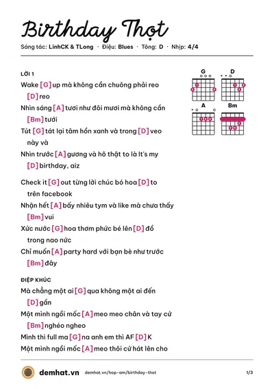 Hợp âm Birthday Thọt (JustaTee) – bản nhạc PDF trang 1, tông D