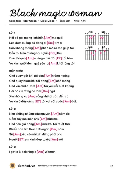 Hợp âm Black magic woman (Duy Quang) – bản nhạc PDF trang 1, tông Am