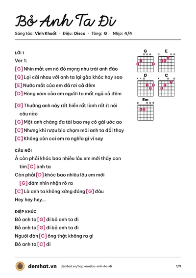 Hợp âm Bỏ Anh Ta Đi (Vinh Khuất) – bản nhạc PDF trang 1, tông G