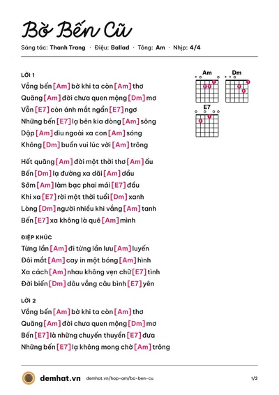 Hợp âm Bờ Bến Cũ (Hồng Tước) – bản nhạc PDF trang 1, tông Am