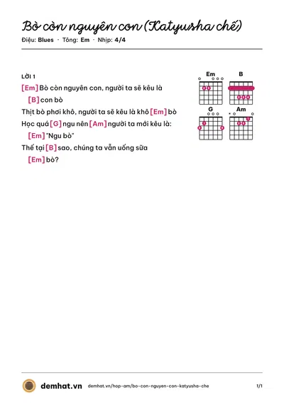 Hợp âm Bò còn nguyên con (Katyusha chế) (Củ Tỏi) – bản nhạc PDF trang 1, tông Em