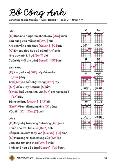 Hợp âm Bồ Công Anh (Cẩm Giang) – bản nhạc PDF trang 1, tông D