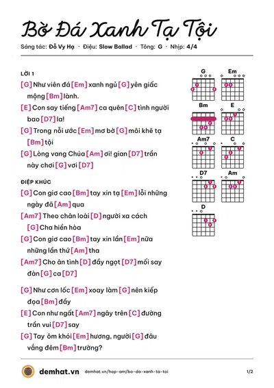 Hợp âm Bờ Đá Xanh Tạ Tội (Đỗ Vy Hạ) – bản nhạc PDF trang 1, tông G