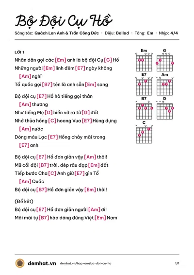 Hợp âm Bộ Đội Cụ Hồ (Châu Trường Lưu) – bản nhạc PDF trang 1, tông Em