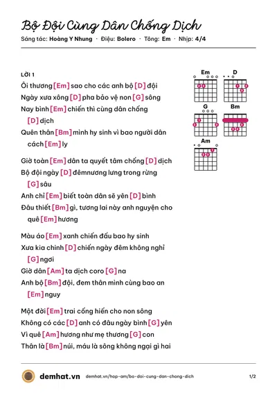 Hợp âm Bộ Đội Cùng Dân Chống Dịch (Hoàng Y Nhung) – bản nhạc PDF trang 1, tông Em