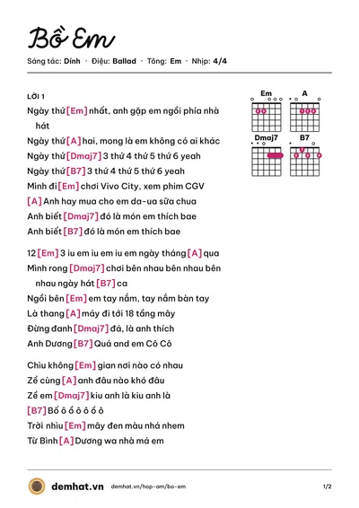 Hợp âm Bồ Em (Dính) – bản nhạc PDF trang 1, tông Em