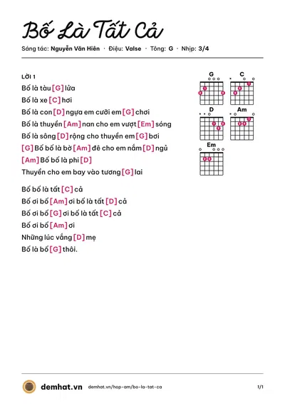 Hợp âm Bố Là Tất Cả (Xuân Mai) – bản nhạc PDF trang 1, tông G