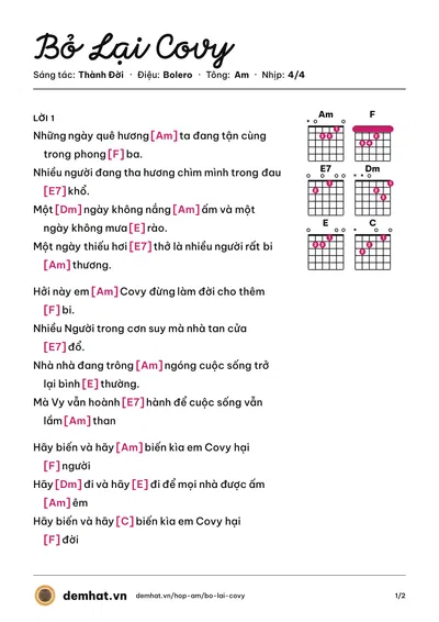 Hợp âm Bỏ Lại Covy (Thành Đời) – bản nhạc PDF trang 1, tông Am
