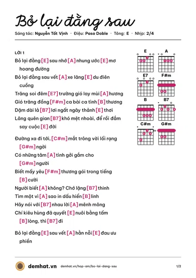Hợp âm Bỏ lại đằng sau (Uyên Thanh) – bản nhạc PDF trang 1, tông E