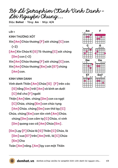 Hợp âm Bộ Lễ Seraphim (Kinh Vinh Danh - Lời Nguyện Chung - Thánh Thánh Thánh - Chiên Thiên Chúa) (Quân Keyboard) – bản nhạc PDF trang 1, tông Am