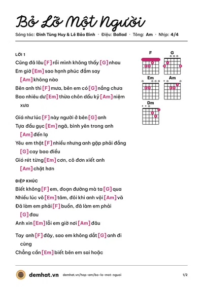Hợp âm Bỏ Lỡ Một Người (Lê Bảo Bình) – bản nhạc PDF trang 1, tông Am