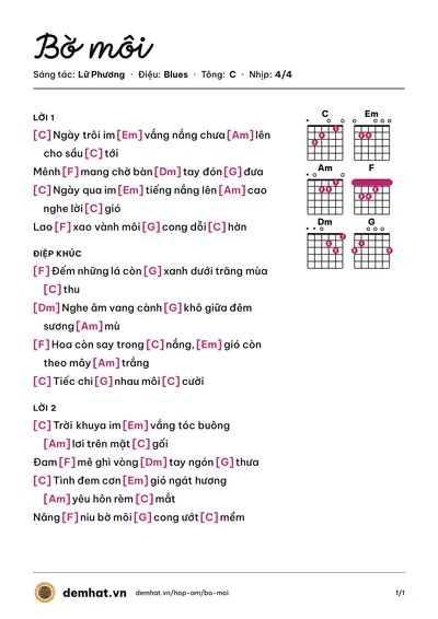 Hợp âm Bờ môi (Lữ Phương) – bản nhạc PDF trang 1, tông C