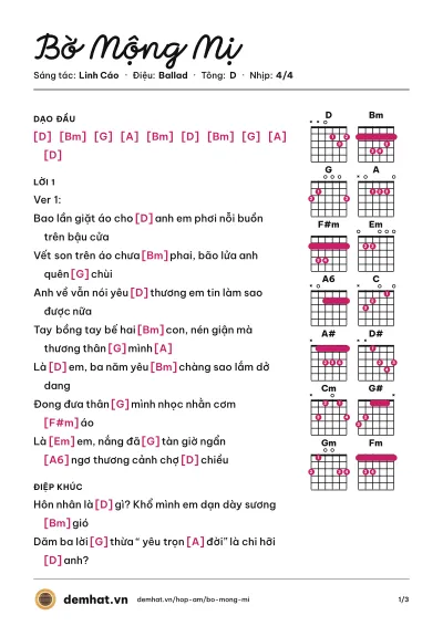 Hợp âm Bờ Mộng Mị (Linh Cáo) – bản nhạc PDF trang 1, tông D