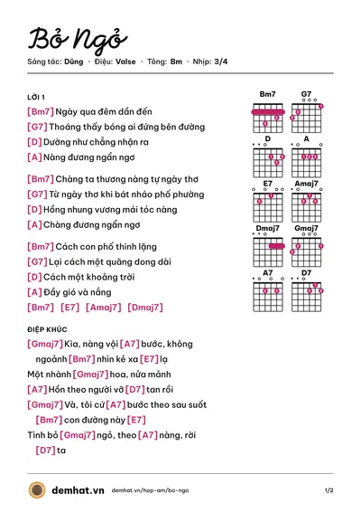 Hợp âm Bỏ Ngỏ (Dũng) – bản nhạc PDF trang 1, tông Bm