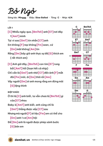 Hợp âm Bỏ Ngỏ (Minggg) – bản nhạc PDF trang 1, tông C
