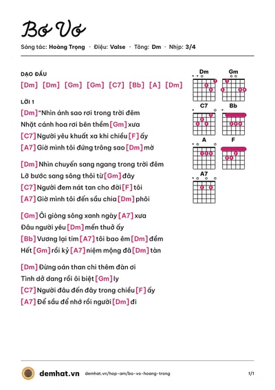 Hợp âm Bơ Vơ (Lệ Thu) – bản nhạc PDF trang 1, tông Dm