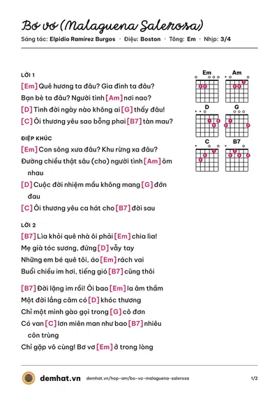 Hợp âm Bơ vơ (Malaguena Salerosa) (Ngọc Hương) – bản nhạc PDF trang 1, tông Em