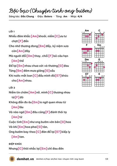 Hợp âm Bội bạc (Chuyện tình ong bướm) (Cẩm Ly) – bản nhạc PDF trang 1, tông Am