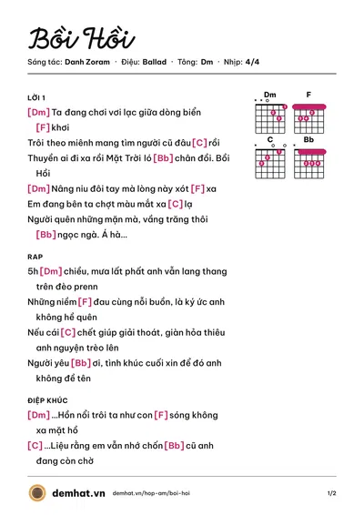 Hợp âm Bồi Hồi (Danh Zoram) – bản nhạc PDF trang 1, tông Dm