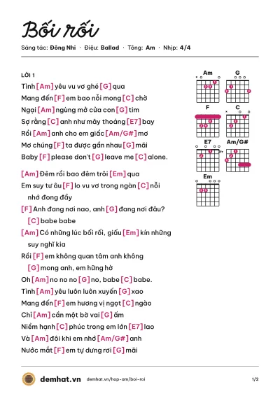 Hợp âm Bối rối (Đông Nhi) – bản nhạc PDF trang 1, tông Am