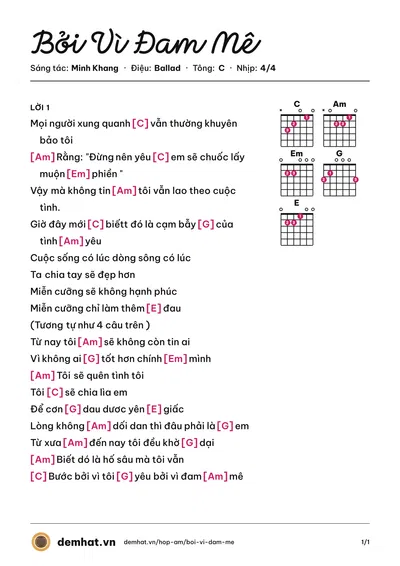 Hợp âm Bởi Vì Đam Mê (Akira Phan) – bản nhạc PDF trang 1, tông C