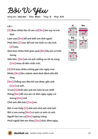 Hợp âm Bởi Vì Yêu (Juky San) – bản nhạc PDF trang 1, tông G