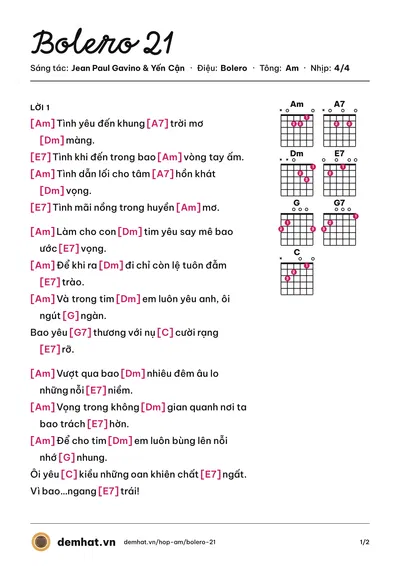 Hợp âm Bolero 21 (French Latino) – bản nhạc PDF trang 1, tông Am