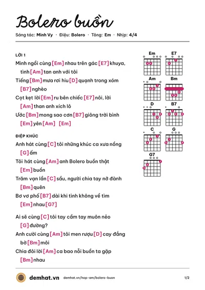 Hợp âm Bolero buồn (Tạ Đình Nguyên) – bản nhạc PDF trang 1, tông Em