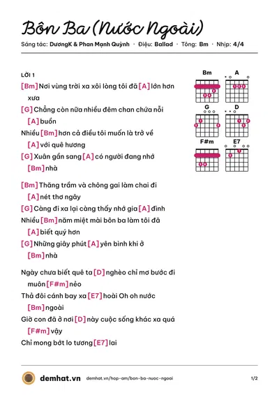 Hợp âm Bôn Ba (Nước Ngoài) (Phan Mạnh Quỳnh) – bản nhạc PDF trang 1, tông Bm