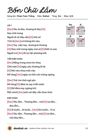 Hợp âm Bốn Chữ Lắm (Trương Thảo Nhi) – bản nhạc PDF trang 1, tông Em