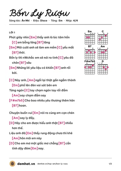 Hợp âm Bốn Ly Rượu (Thanh Hà) – bản nhạc PDF trang 1, tông Em